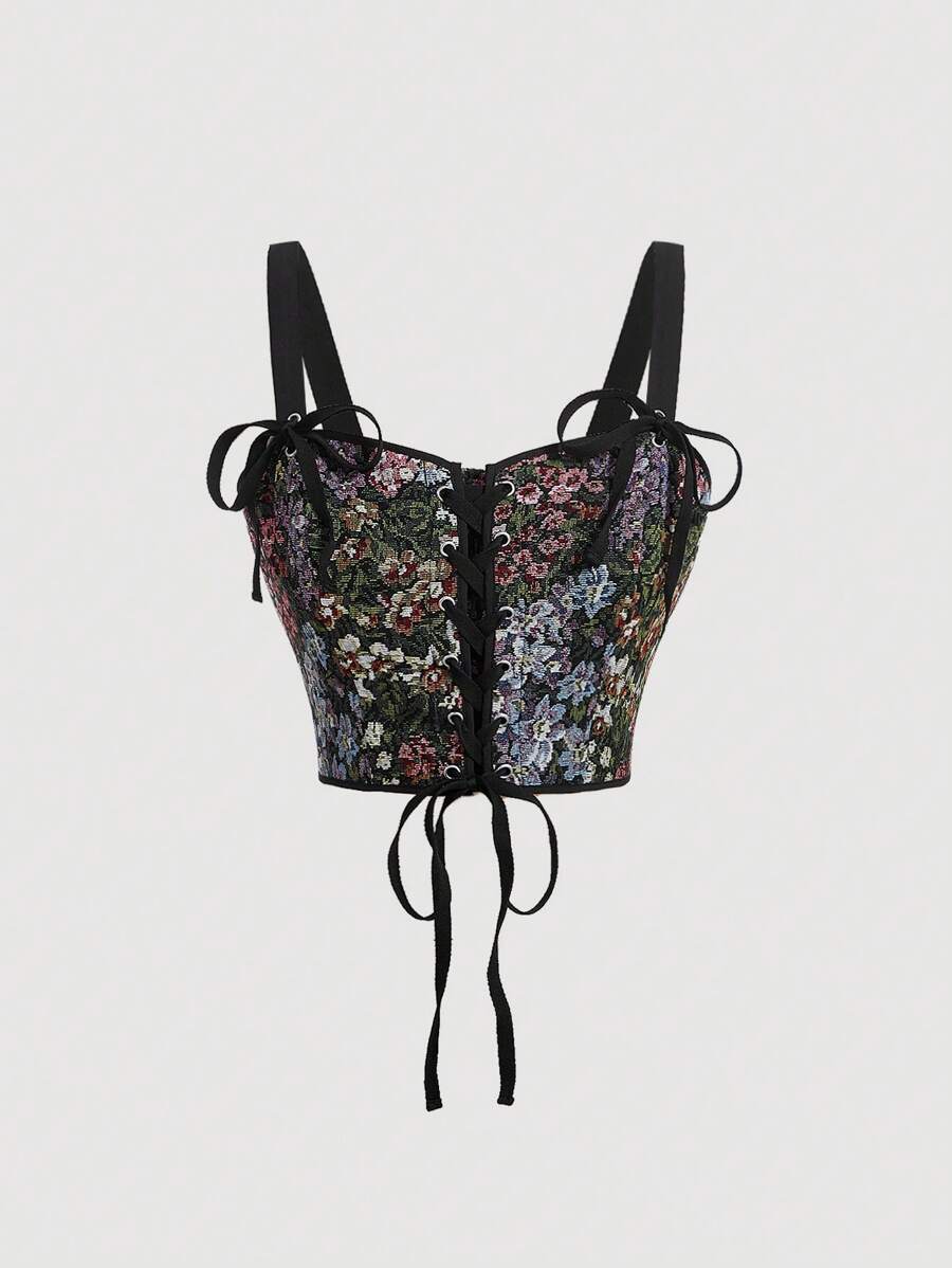 SHEIN MOD Floral Print Lace Up Front Cami Top - Multicolor - View 1