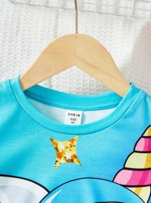 SHEIN Mùa xuân/mùa thu Váy áo thun bé gái hình kỳ lân dễ thương dành cho trẻ lớn, Đầm ngắn tay dáng rộng - Nhiều màu - Xem 4