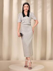 Modelyn Contrast Collar Puff Sleeve Crop Jacket & Split Back Skirt - Khaki - View 1