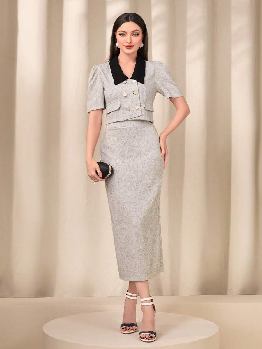 Modelyn Contrast Collar Puff Sleeve Crop Jacket & Split Back Skirt - Khaki - View 1