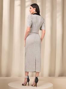 Modelyn Contrast Collar Puff Sleeve Crop Jacket & Split Back Skirt - Khaki - View 2