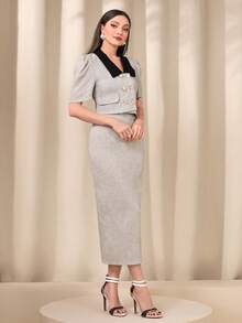 Modelyn Contrast Collar Puff Sleeve Crop Jacket & Split Back Skirt - Khaki - View 3