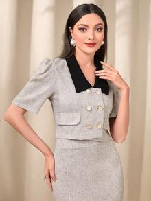 Modelyn Contrast Collar Puff Sleeve Crop Jacket & Split Back Skirt - Khaki - View 6