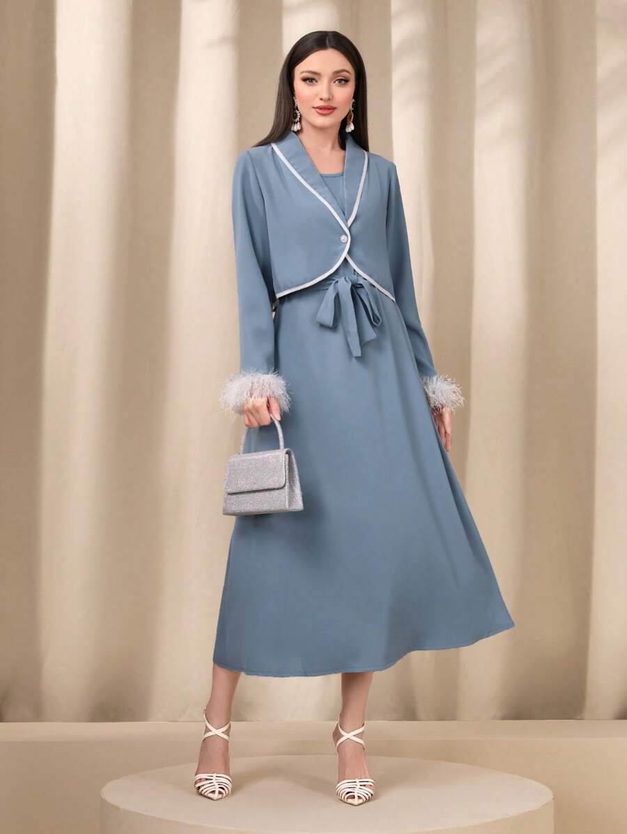 Modelyn Bộ đồ hai mảnh nữ Thắt lưng Tương phản lông thú giả Tương phản ràng buộc màu trơn Thanh lịch - Màu xanh lam - Xem 1