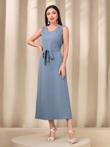 Modelyn Bộ đồ hai mảnh nữ Thắt lưng Tương phản lông thú giả Tương phản ràng buộc màu trơn Thanh lịch - Màu xanh lam - Xem 3