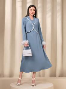 Modelyn Bộ đồ hai mảnh nữ Thắt lưng Tương phản lông thú giả Tương phản ràng buộc màu trơn Thanh lịch - Màu xanh lam - Xem 5