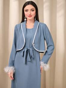 Modelyn Bộ đồ hai mảnh nữ Thắt lưng Tương phản lông thú giả Tương phản ràng buộc màu trơn Thanh lịch - Màu xanh lam - Xem 6