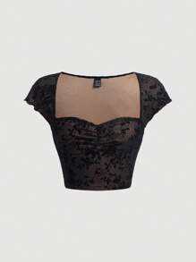 SHEIN MOD Camiseta con estampado de plantas pecho con fruncido - Negro - Ver 1