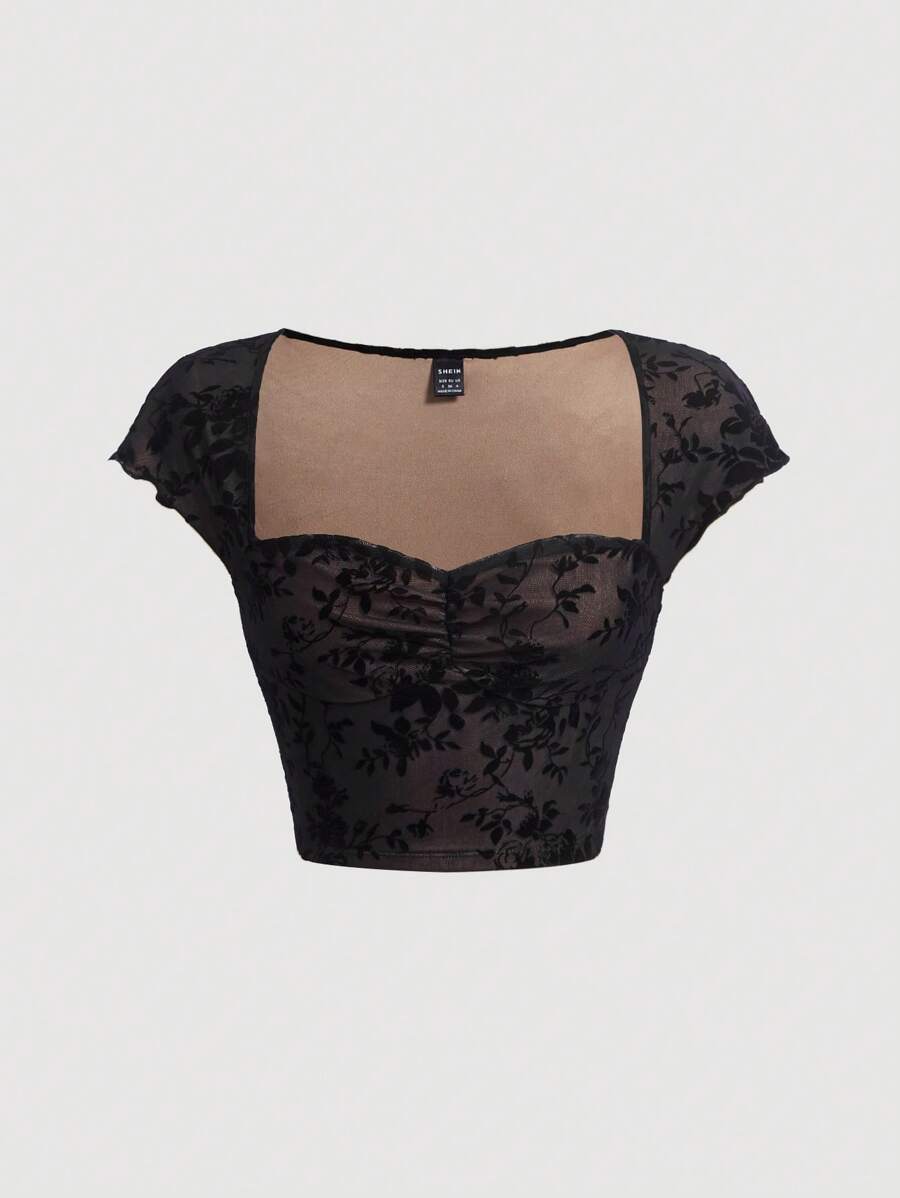 SHEIN MOD Camiseta con estampado de plantas pecho con fruncido - Negro - Ver 1