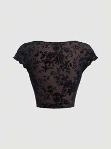 SHEIN MOD Camiseta con estampado de plantas pecho con fruncido - Negro - Ver 2