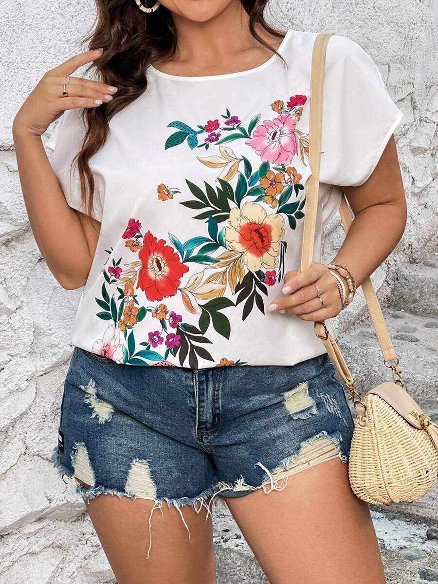 SHEIN LUNE Plus Floral Print Batwing Sleeve Blouse - White - View 1