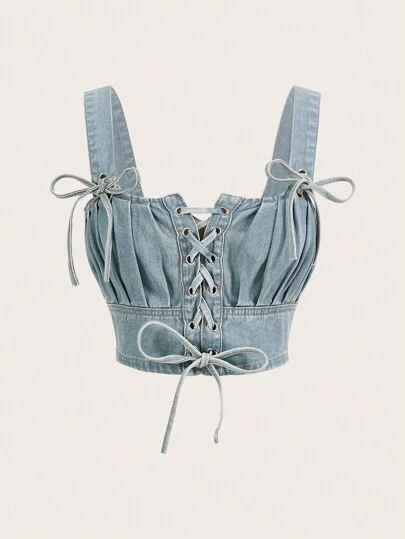 SHEIN MOD 前繫帶胸部褶皺牛仔上衣