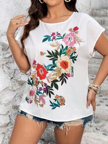 SHEIN LUNE Plus Floral Print Batwing Sleeve Blouse - White - View 3
