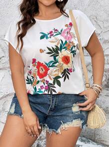 SHEIN LUNE Plus Floral Print Batwing Sleeve Blouse - White - View 4