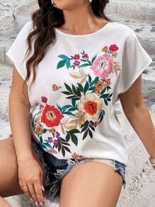 SHEIN LUNE Plus Floral Print Batwing Sleeve Blouse - White - View 5