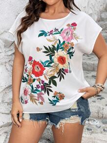 SHEIN LUNE Plus Floral Print Batwing Sleeve Blouse - White - View 6