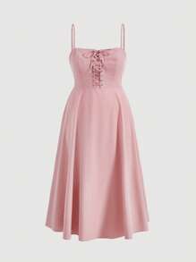 SHEIN MOD Đầm Plus Size Ren lên Dải chun màu trơn Giải trí - Màu Hồng baby - Xem 1