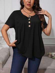SHEIN Privé Áo thun Plus size Nút Nút phía trước Xếp li màu trơn Giải trí - màu đen - Xem 1