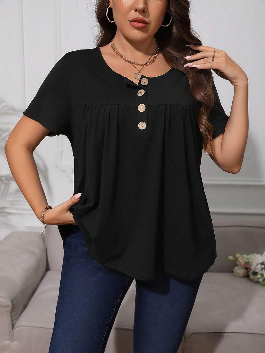 SHEIN Privé Áo thun Plus size Nút Nút phía trước Xếp li màu trơn Giải trí - màu đen - Xem 1