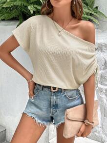 SHEIN LUNE Waffle Knit Batwing Sleeve Tee - Apricot - View 2