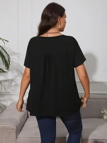 SHEIN Privé Áo thun Plus size Nút Nút phía trước Xếp li màu trơn Giải trí - màu đen - Xem 2