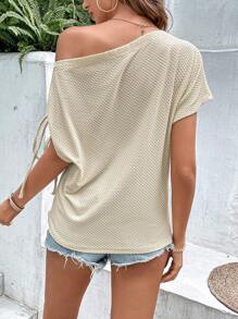SHEIN LUNE Waffle Knit Batwing Sleeve Tee - Apricot - View 3