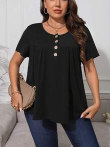 SHEIN Privé Áo thun Plus size Nút Nút phía trước Xếp li màu trơn Giải trí - màu đen - Xem 3