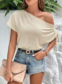 SHEIN LUNE Waffle Knit Batwing Sleeve Tee - Apricot - View 1