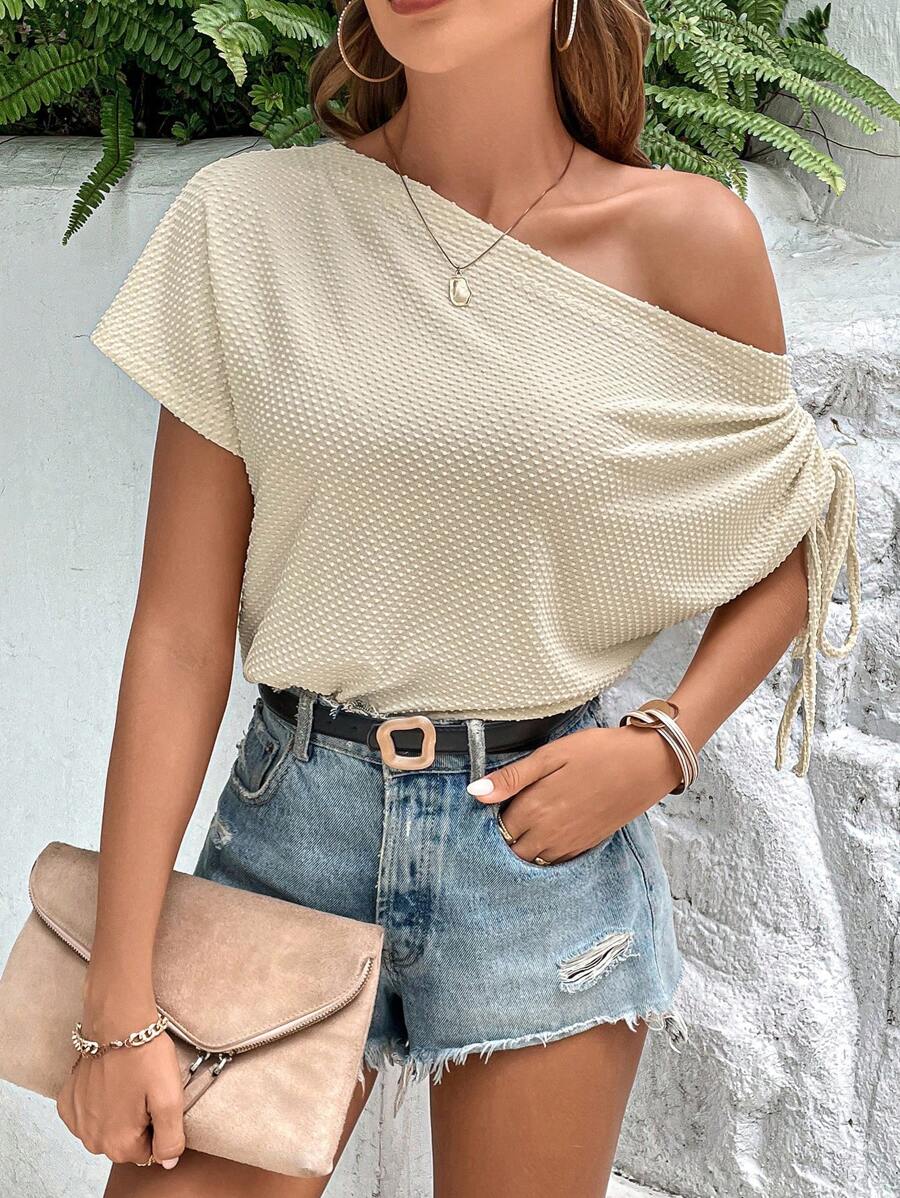 SHEIN LUNE Waffle Knit Batwing Sleeve Tee - Apricot - View 1