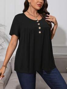 SHEIN Privé Áo thun Plus size Nút Nút phía trước Xếp li màu trơn Giải trí - màu đen - Xem 4