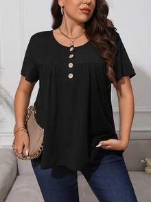 SHEIN Privé Áo thun Plus size Nút Nút phía trước Xếp li màu trơn Giải trí - màu đen - Xem 5