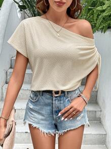 SHEIN LUNE Waffle Knit Batwing Sleeve Tee - Apricot - View 4