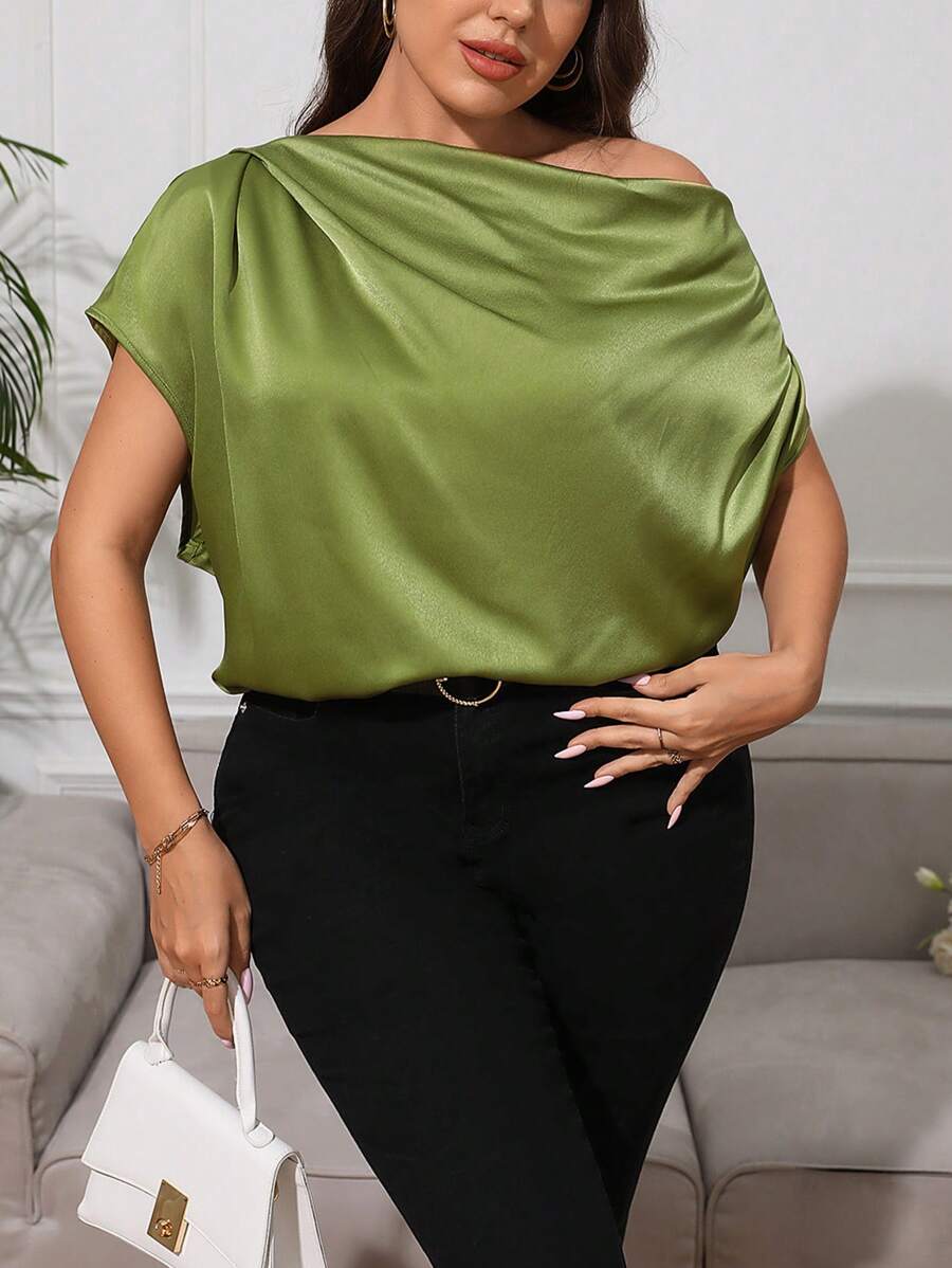 SHEIN Privé Plus Asymmetrical Neck Ruched Satin Blouse - Green - View 1