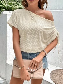 SHEIN LUNE Waffle Knit Batwing Sleeve Tee - Apricot - View 6