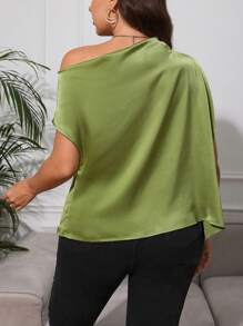 SHEIN Privé Plus Asymmetrical Neck Ruched Satin Blouse - Green - View 2
