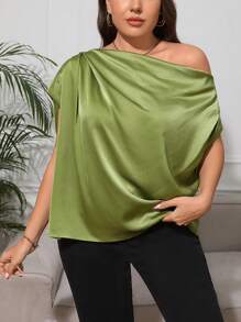 SHEIN Privé Plus Asymmetrical Neck Ruched Satin Blouse - Green - View 4