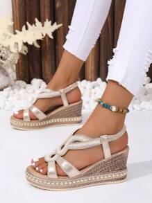 女士度假金色涼鞋，金屬水鑽裝飾麻底坡跟坡跟涼鞋 - 金色 - 查看 1