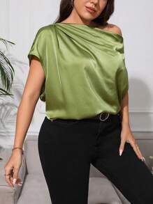 SHEIN Privé Plus Asymmetrical Neck Ruched Satin Blouse - Green - View 5