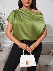 SHEIN Privé Plus Asymmetrical Neck Ruched Satin Blouse - Green - View 6