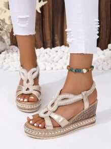 女士度假金色涼鞋，金屬水鑽裝飾麻底坡跟坡跟涼鞋 - 金色 - 查看 3