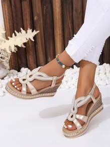 女士度假金色涼鞋，金屬水鑽裝飾麻底坡跟坡跟涼鞋 - 金色 - 查看 4