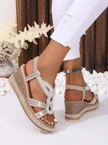 女士度假金色涼鞋，金屬水鑽裝飾麻底坡跟坡跟涼鞋 - 金色 - 查看 5