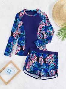 SHEIN Swim Quần short cổ cao in họa tiết nhiệt đới Rashguard, bãi biển mùa hè - Nhiều màu - Xem 4