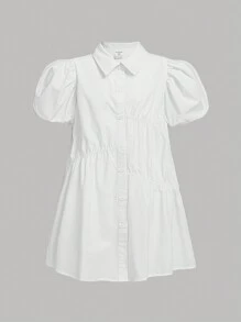 SHEIN Đầm Gái Xù Viên lá sen Nút phía trước màu trơn Dễ thương - trắng - Xem 1