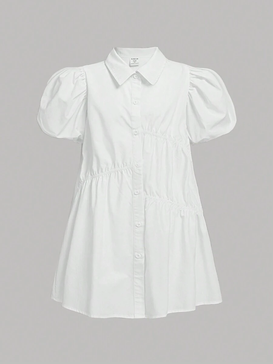 SHEIN Đầm Gái Xù Viên lá sen Nút phía trước màu trơn Dễ thương - trắng - Xem 1