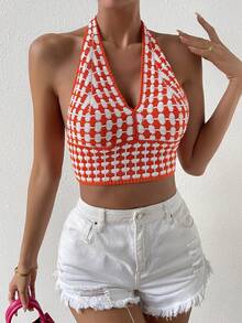 SHEIN VCAY 滿版圖案露背吊脖針織上衣 - 彩色 - 查看 4