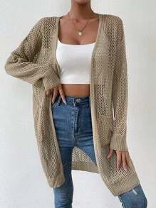 SHEIN Essnce Nữ Cardigans Túi màu trơn Giải trí - Màu Khaki - Xem 3