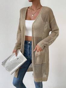 SHEIN Essnce Nữ Cardigans Túi màu trơn Giải trí - Màu Khaki - Xem 4