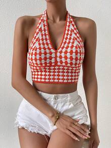 SHEIN VCAY 滿版圖案露背吊脖針織上衣 - 彩色 - 查看 6