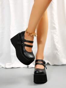 女式極簡坡跟瑪麗珍鞋，優雅坡跟鞋黑色